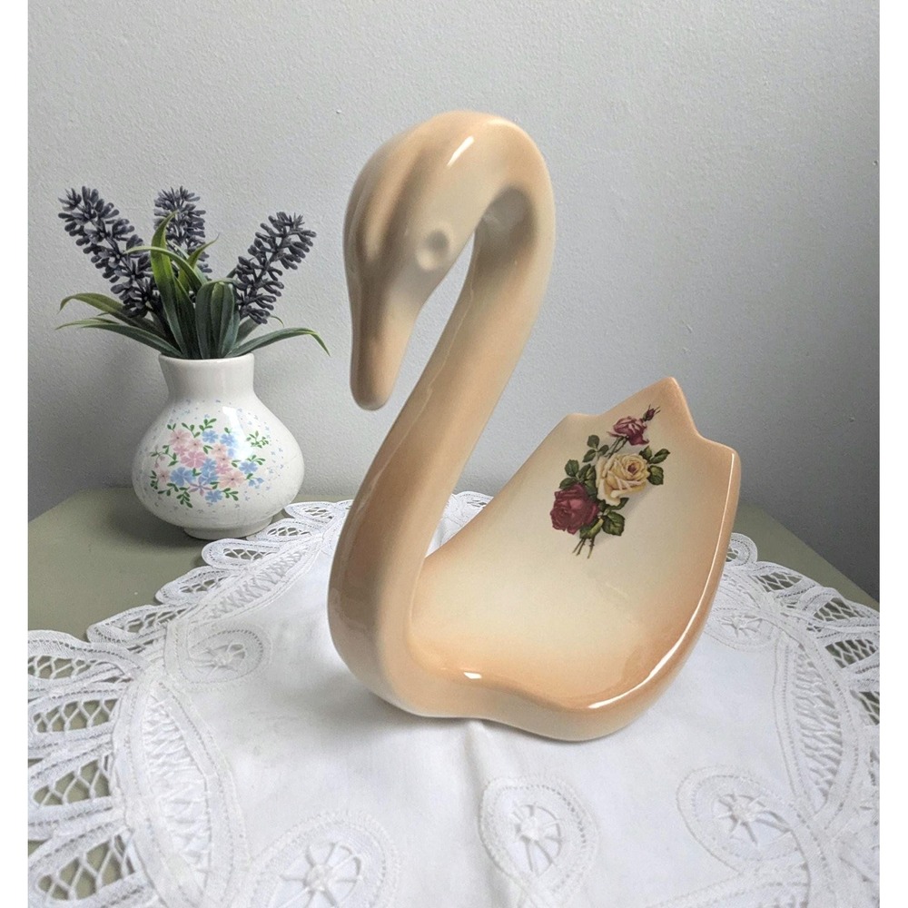 Vintage Ceramic Swan Figurine, Floral Swan‎ Decor, Romantic Cottage Decor